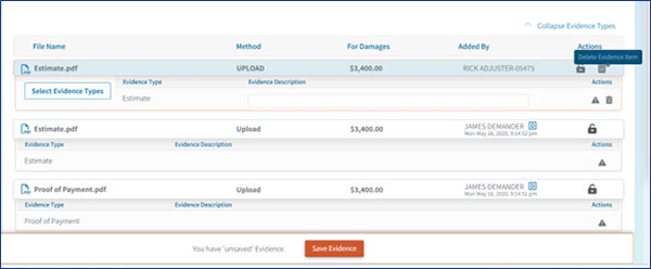 Screenshot of evidence types