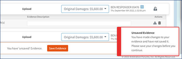 Screenshot of alert for unsaved evidence